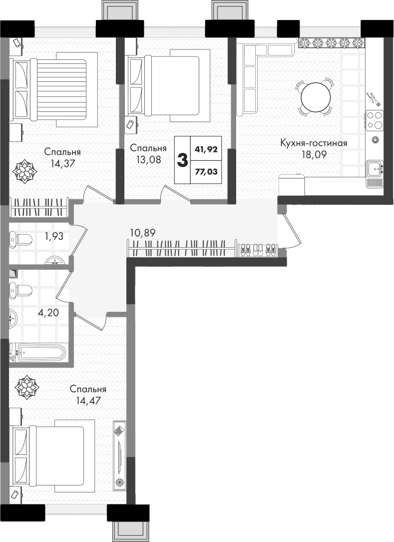 4+ комнаты, 77.03 м², 7/9 этаж, ЖК «Зеленая территория»