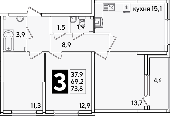 Продается 4-комн. квартира, 69.2 м²