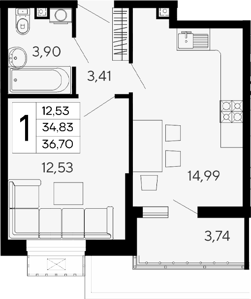 Продается 1-комн. квартира, 34.83 м²