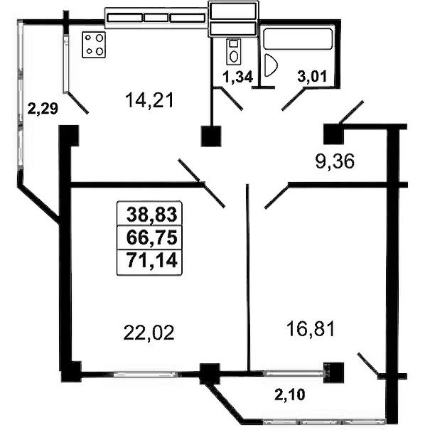 2-комн., 66.75 м², 1/9 этаж, ЖК «Новый Агой»