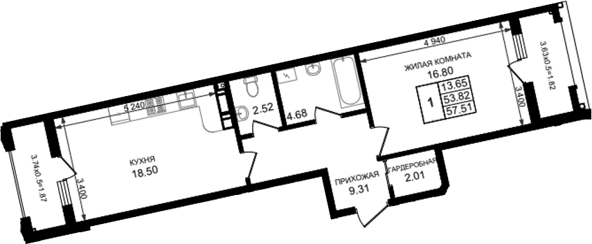1-комн., 53.82 м², 3/8 этаж, ЖК «Резиденция морей»
