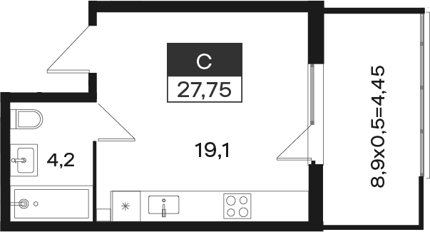 Студия, 23.3 м², 1/4 этаж, ЖК «Новая Елизаветка»