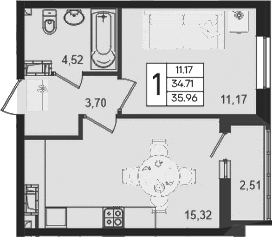1-комн., 34.71 м², 10/18 этаж, ЖК «Дом 101»