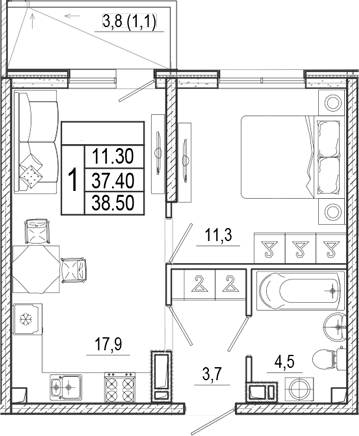 2-комн., 37.4 м², 2/15 этаж, ЖК «Лестория»