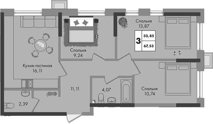 3-комн., 67.53 м², 2/9 этаж, ЖК «Зеленая территория»