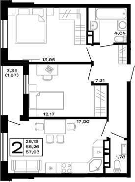 2-комн., 56.26 м², 9/14 этаж, ЖК «Горные высоты»