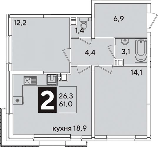 3-комн., 61 м², 4/16 этаж, ЖК «Самолет»