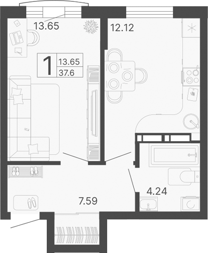 1-комн., 37.6 м², 12/20 этаж, ЖК «Светский лес»