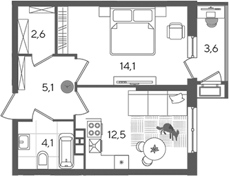 1-комн., 38.4 м², 7/24 этаж, ЖК «Рекорд»