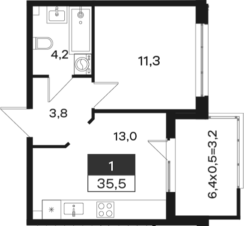 1-комн., 32.3 м², 1/4 этаж, ЖК «Новая Елизаветка»