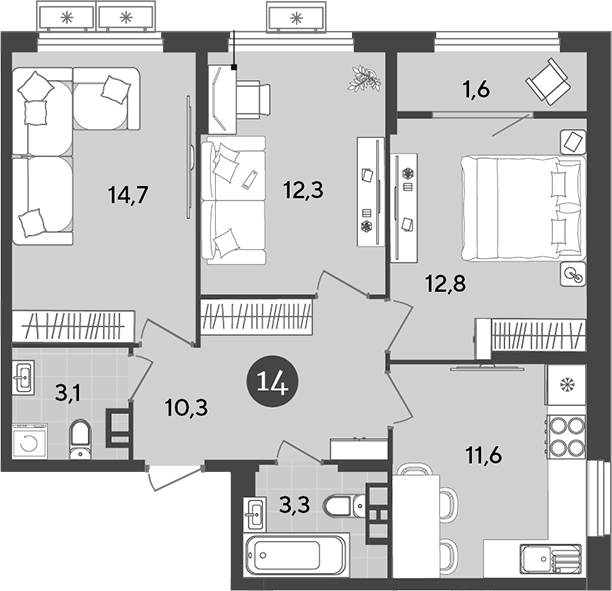 3-комн., 68.1 м², 7/9 этаж, ЖК «Порто-Ново»
