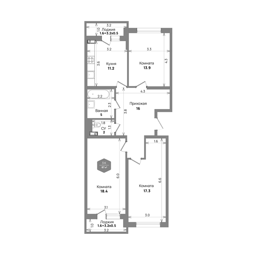 3-комн., 83.8 м², 11/21 этаж, ЖК «Бауинвест»