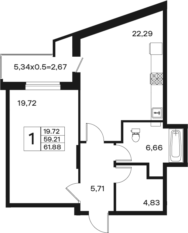 Продается 1-комн. квартира, 59.21 м²