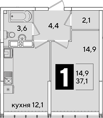Продается 1-комн. квартира, 37.1 м²