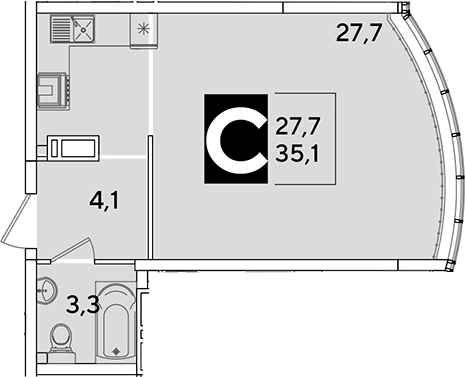Студия, 35.1 м², 15/16 этаж, ЖК «Самолет»