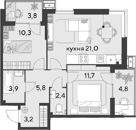 3-комн., 58.3 м², 2/18 этаж, ЖК «Парк Победы»