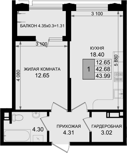 1-комн., 42.68 м², 2/8 этаж, ЖК «Резиденция морей»
