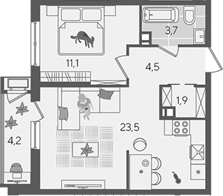 2-комн., 44.7 м², 6/24 этаж, ЖК «Рекорд»
