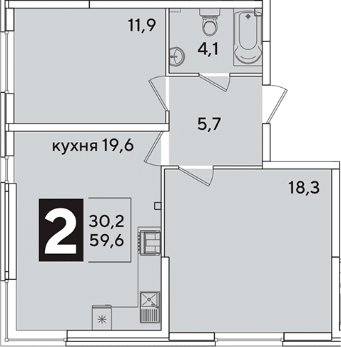 3-комн., 59.6 м², 2/16 этаж, ЖК «Самолет»