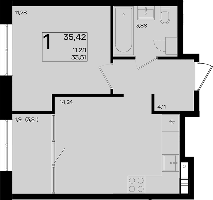 2-комн., 33.51 м², 4/9 этаж, ЖК «Патрики»
