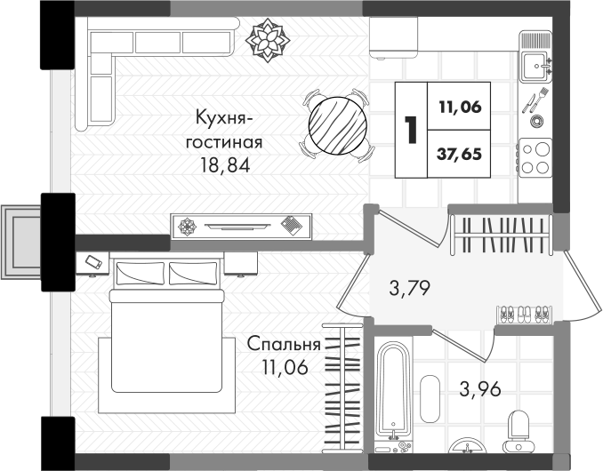 2-комн., 37.65 м², 4/9 этаж, ЖК «Зеленая территория»