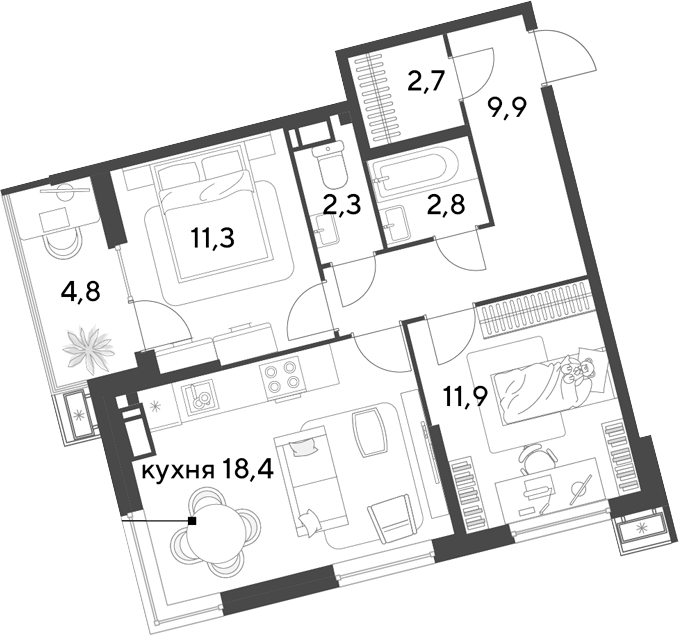 3-комн., 59.3 м², 12/18 этаж, ЖК «Парк Победы»
