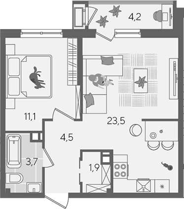 2-комн., 44.7 м², 8/24 этаж, ЖК «Рекорд»