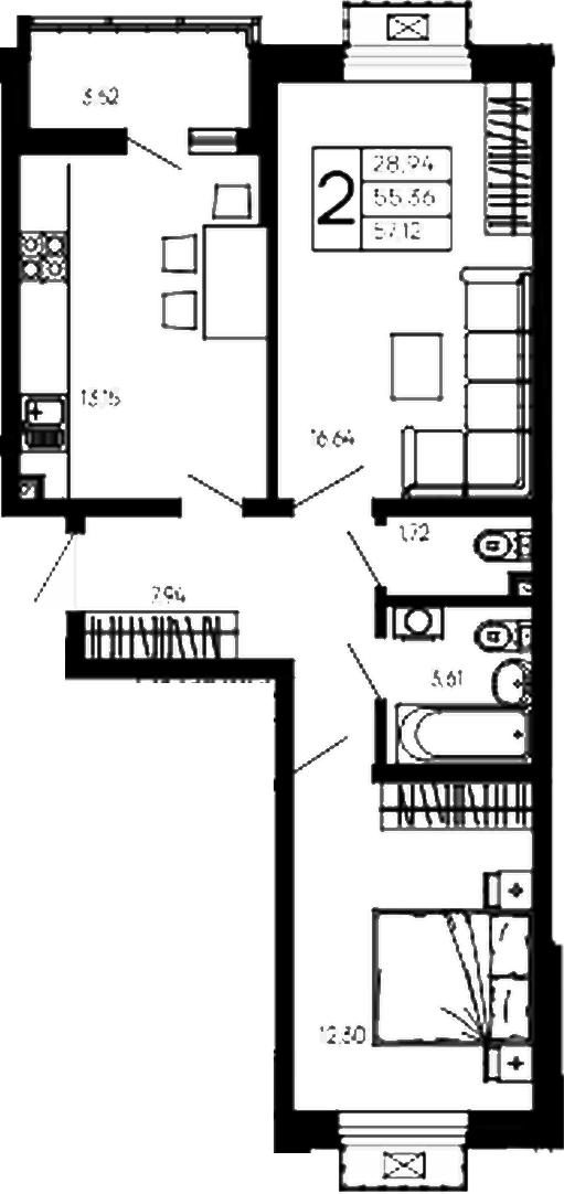2-комн., 55.36 м², 2/14 этаж, ЖК «Эпос»