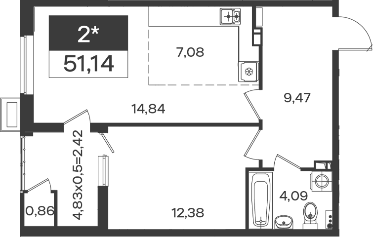 1-комн., 47.86 м², 6/18 этаж, ЖК «Образцово»