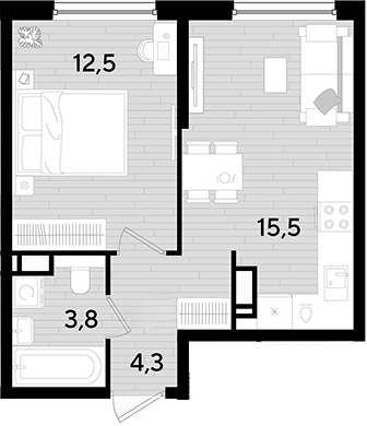 1-комн., 36.1 м², 12/16 этаж, ЖК «DОГМА ПАРК»