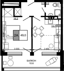 2-комн., 38.4 м², 4/9 этаж, ЖК «Гостиничный комплекс Мореград»