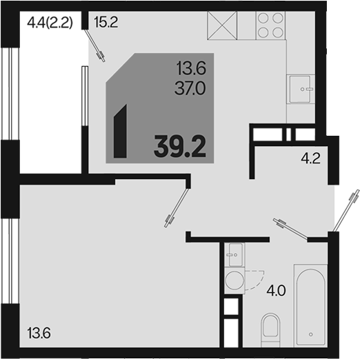 1-комн., 37 м², 6/18 этаж, ЖК «Первое место»