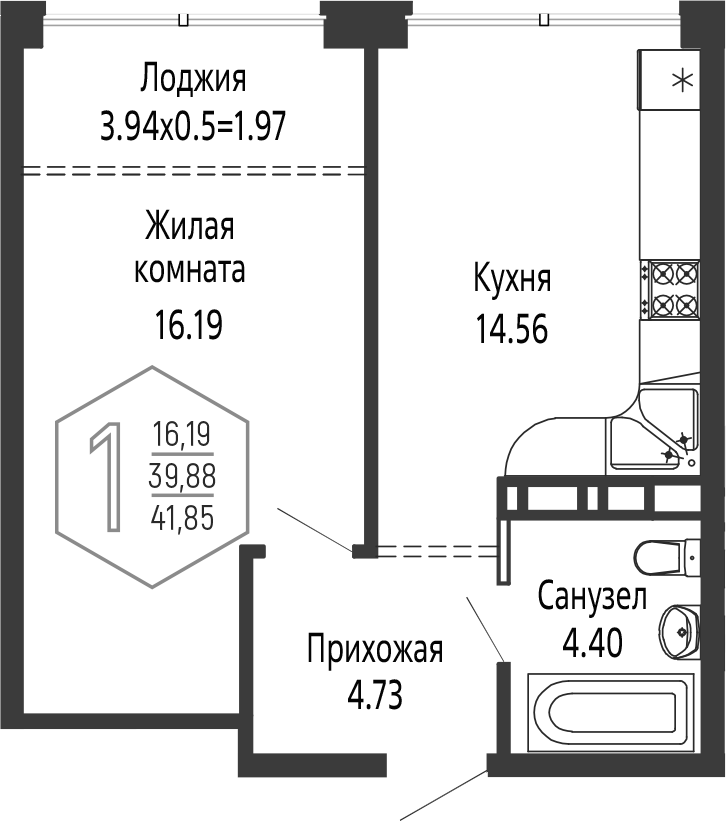 1-комн., 39.88 м², 15/16 этаж, ЖК «Гарантия PRIME»