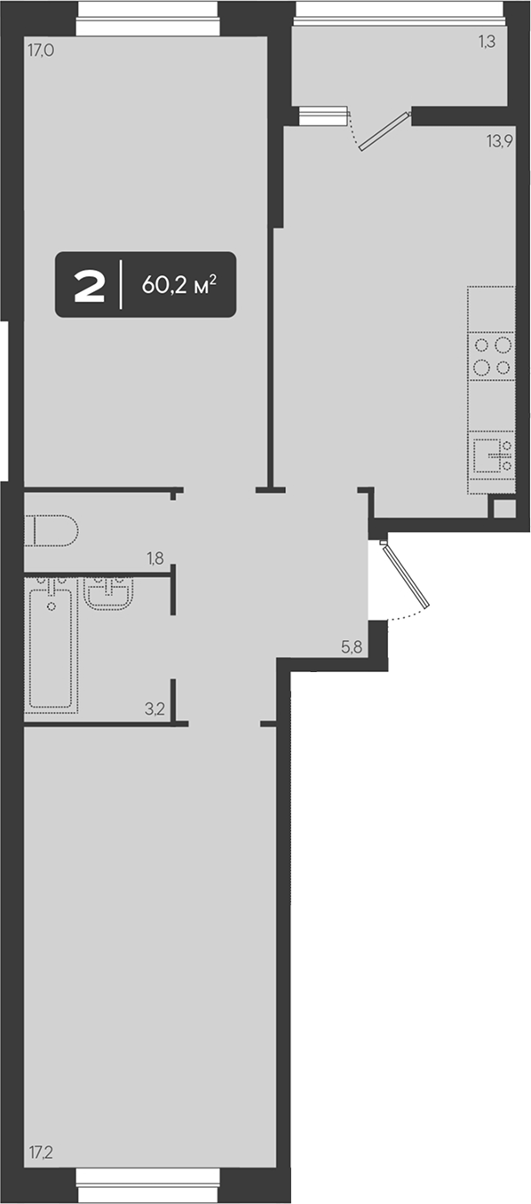 2-комн., 58.9 м², 2/9 этаж, ЖК «Архитектор. ГК ЮгСтройИнвест»