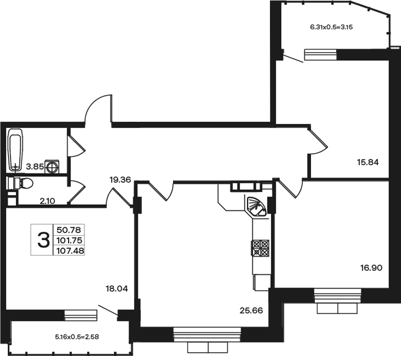 3-комн., 101.75 м², 3/10 этаж, ЖК «Эндемик»