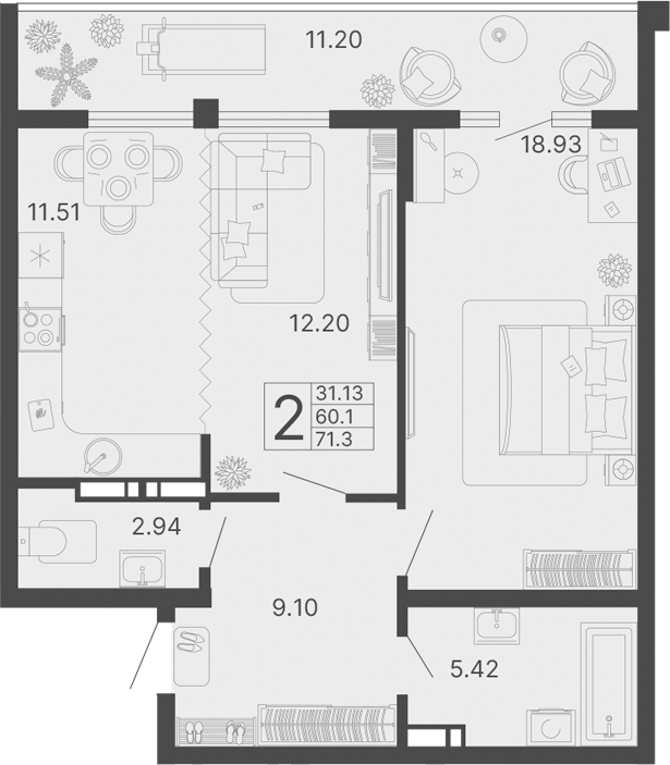 2-комн., 60.1 м², 7/17 этаж, ЖК «Светский лес»