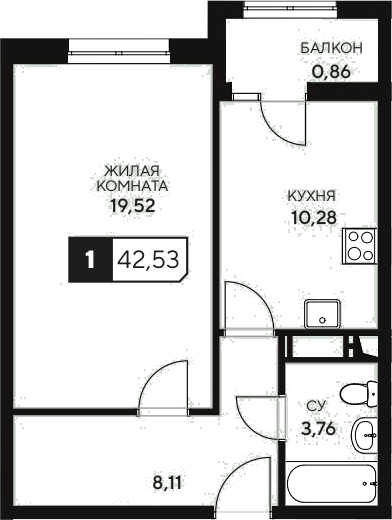 Продается 1-комн. квартира, 41.67 м²