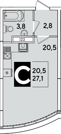 Студия, 27.1 м², 16/16 этаж, ЖК «Самолет»