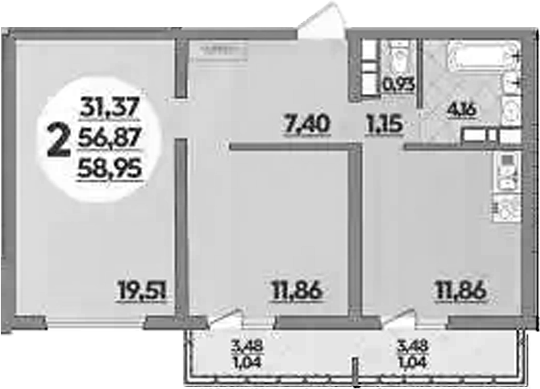 2-комн., 56.87 м², 9/9 этаж, ЖК «Предгорье Лаго-Наки»