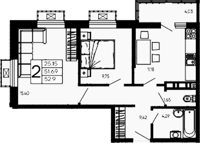 2-комн., 51.69 м², 6/16 этаж, ЖК «Эпос»