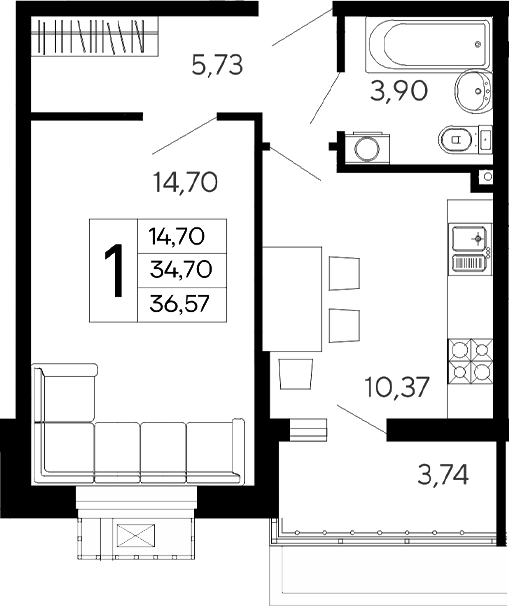 1-комн., 34.7 м², 2/16 этаж, ЖК «Эпос»