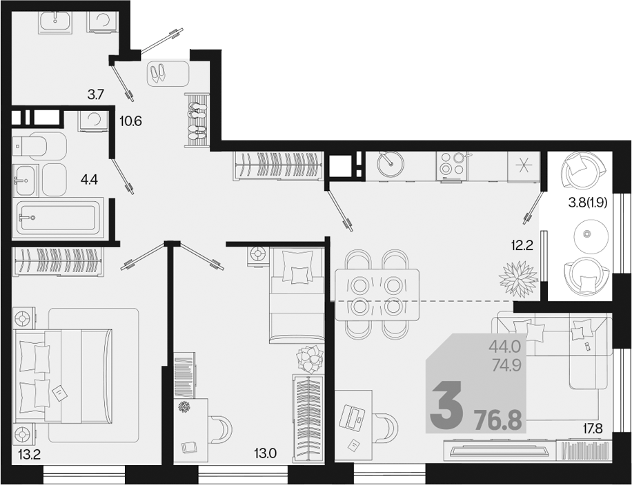 3-комн., 74.9 м², 3/18 этаж, ЖК «Первое место»