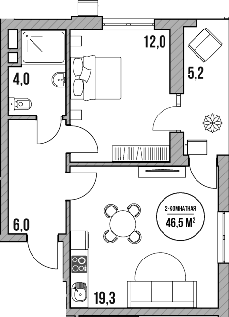 2-комн., 41.3 м², 2/5 этаж, ЖК «МореТут»
