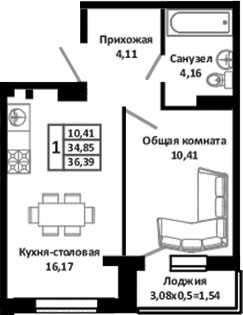 2-комн., 34.5 м², 4/4 этаж, ЖК «Южные Соседи»