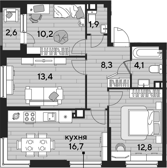 3-комн., 67.4 м², 9/16 этаж, ЖК «DОГМА ПАРК»