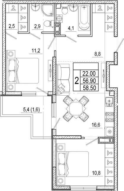 3-комн., 56.9 м², 8/17 этаж, ЖК «Лестория»