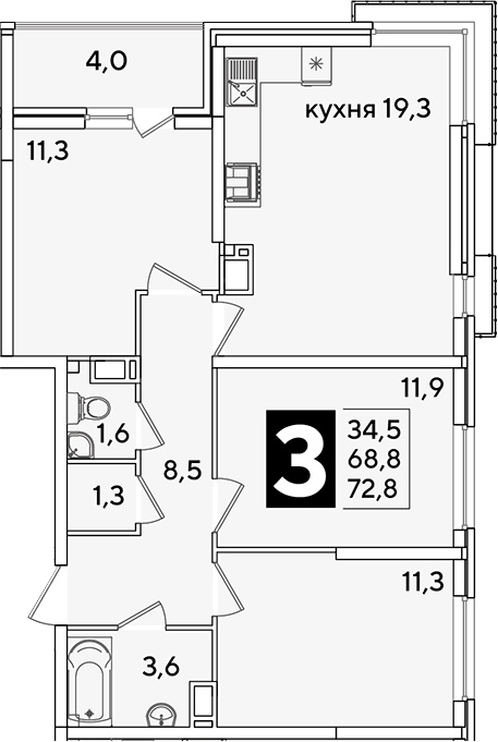 4+ комнаты, 68.8 м², 12/16 этаж, ЖК «Самолет»