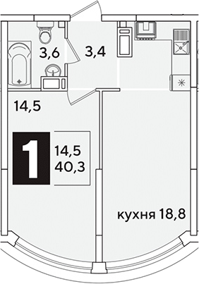 2-комн., 40.3 м², 11/16 этаж, ЖК «Самолет»