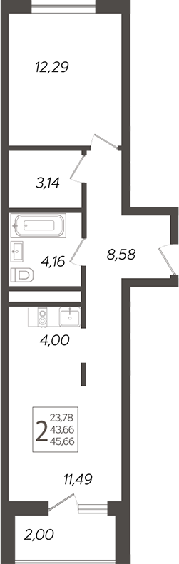 2-комн., 46.6 м², 2/19 этаж, ЖК «Кислород»