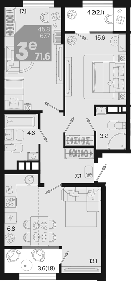 3-комн., 67.7 м², 7/9 этаж, ЖК «Первое место»